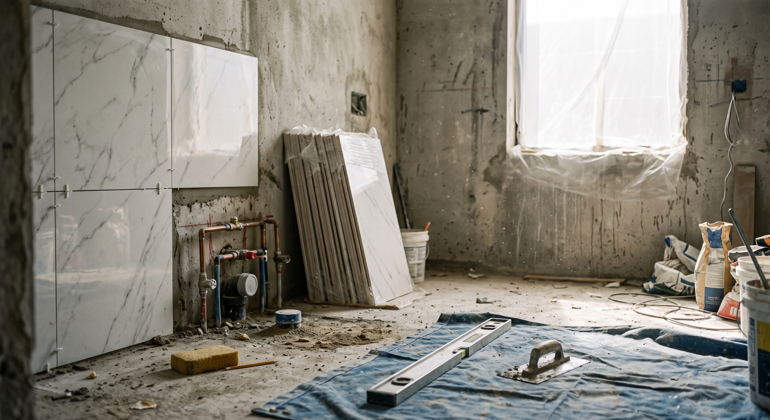 Half-finished villa bathroom renovation in Dubai with tiling materials and exposed plumbing mid-project