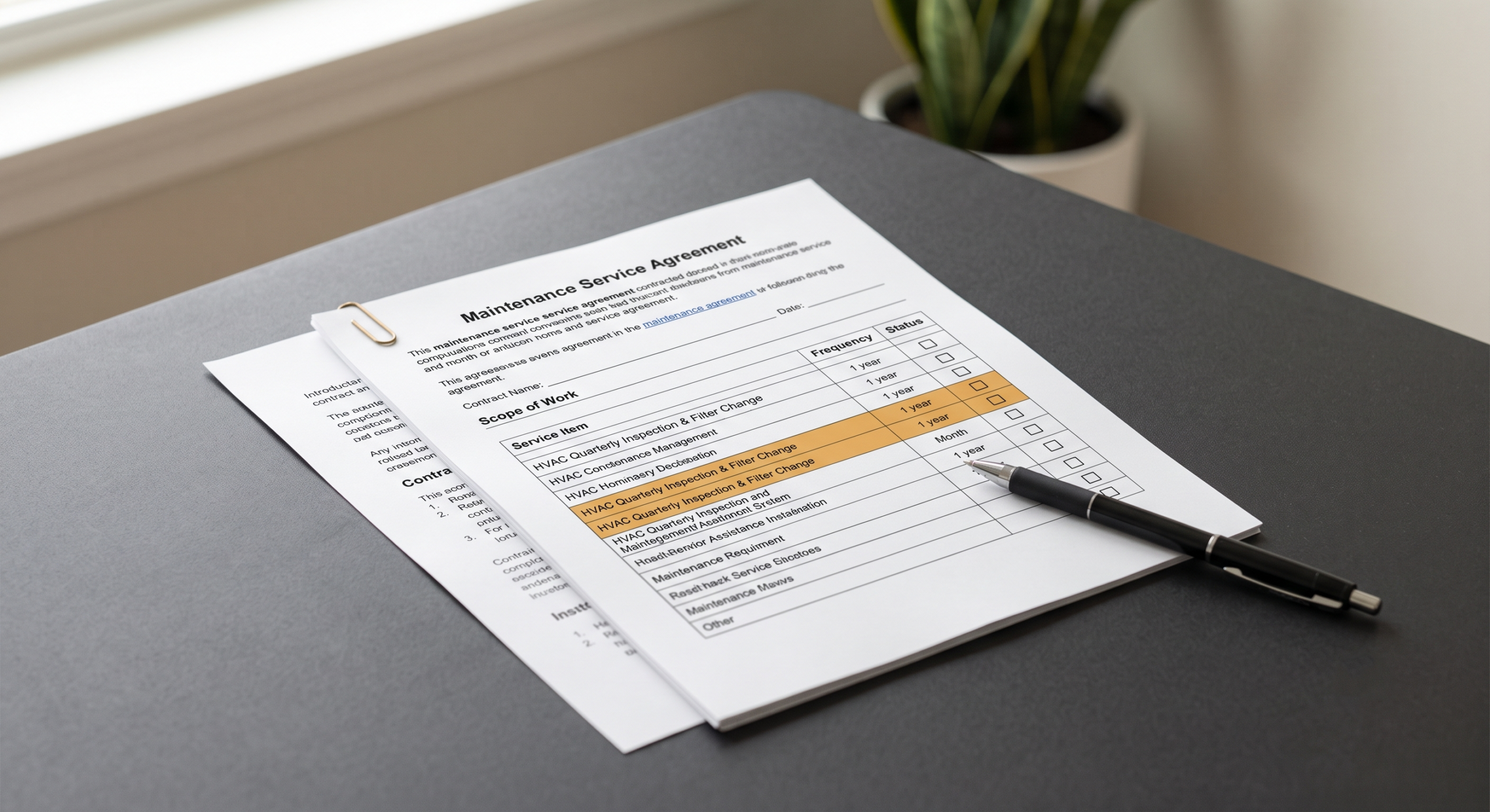 Close-up of a Dubai villa annual maintenance contract open at its scope of work page with one clause highlighted before signing.