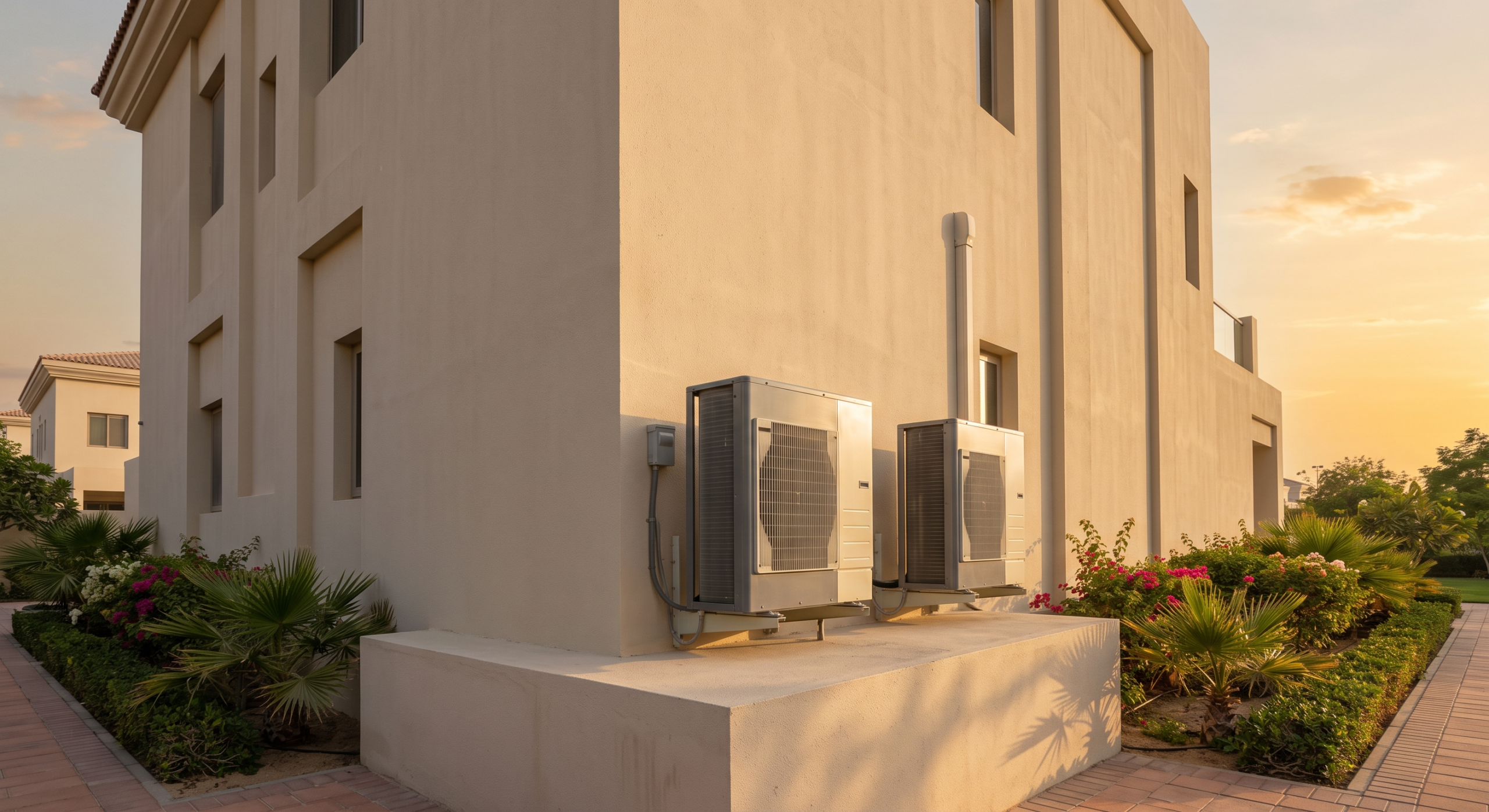 Outdoor AC condenser units and electrical conduit on a Dubai villa exterior wall, showing the sustained load behind villa electrical repair dubai needs.