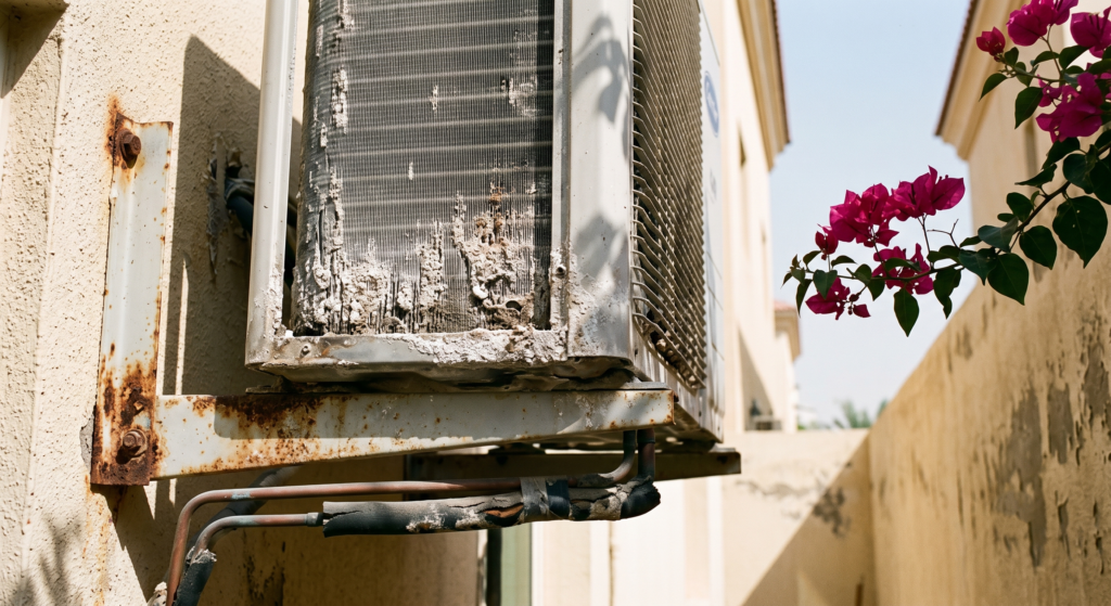 Salt corrosion on the condenser fins of an outdoor AC unit, a common villa maintenance issue in coastal Dubai homes near the sea.