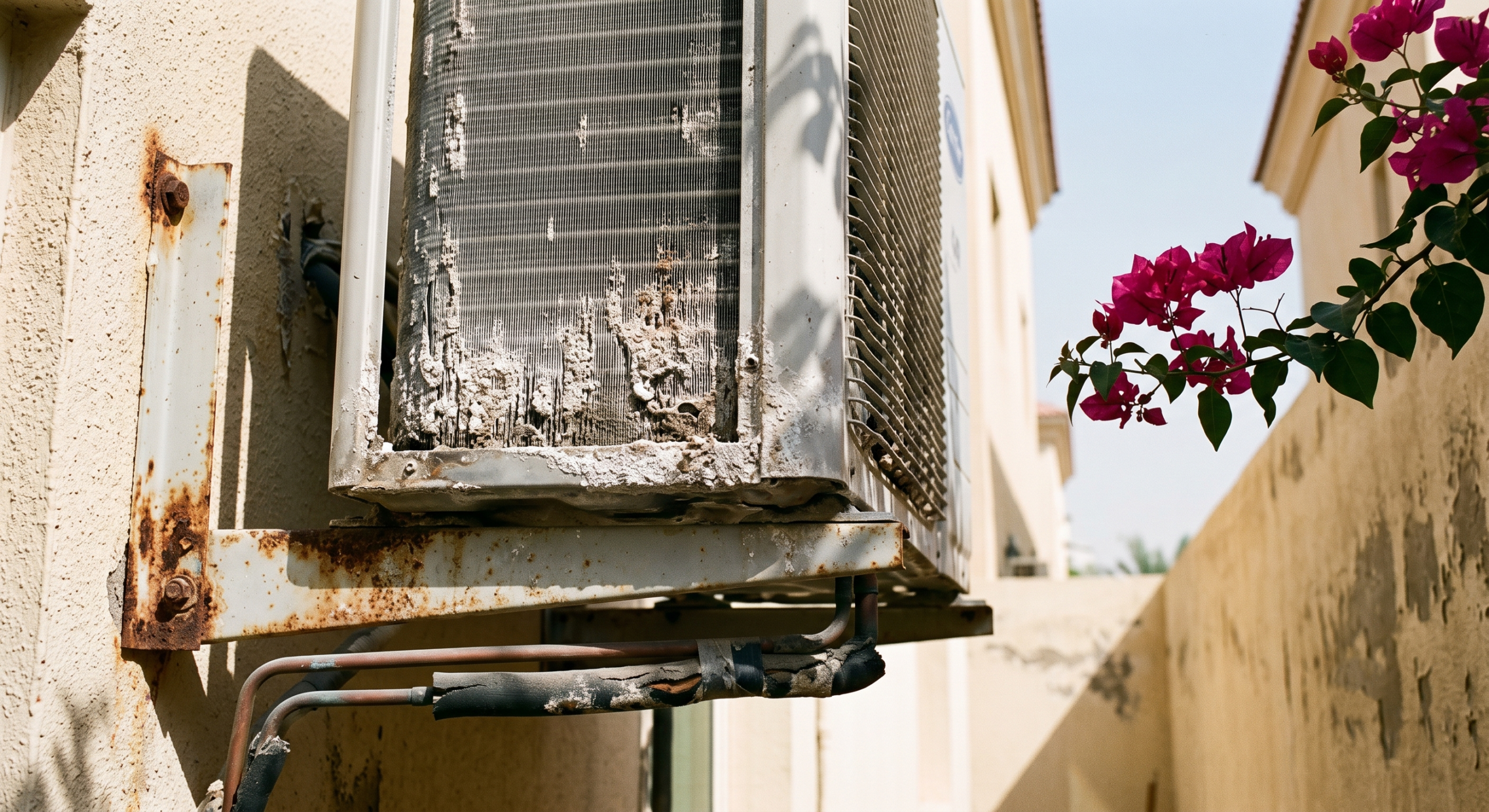 Salt corrosion on the condenser fins of an outdoor AC unit, a common villa maintenance issue in coastal Dubai homes near the sea.