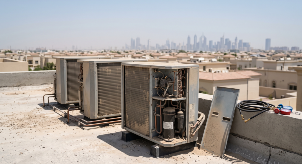 Dust-covered air conditioning condenser units on a Dubai villa rooftop, illustrating villa AMC vs on demand maintenance decisions in summer heat.