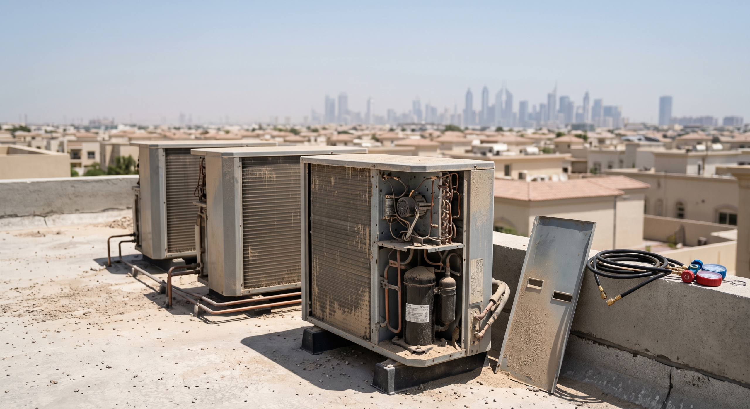 Dust-covered air conditioning condenser units on a Dubai villa rooftop, illustrating villa AMC vs on demand maintenance decisions in summer heat.