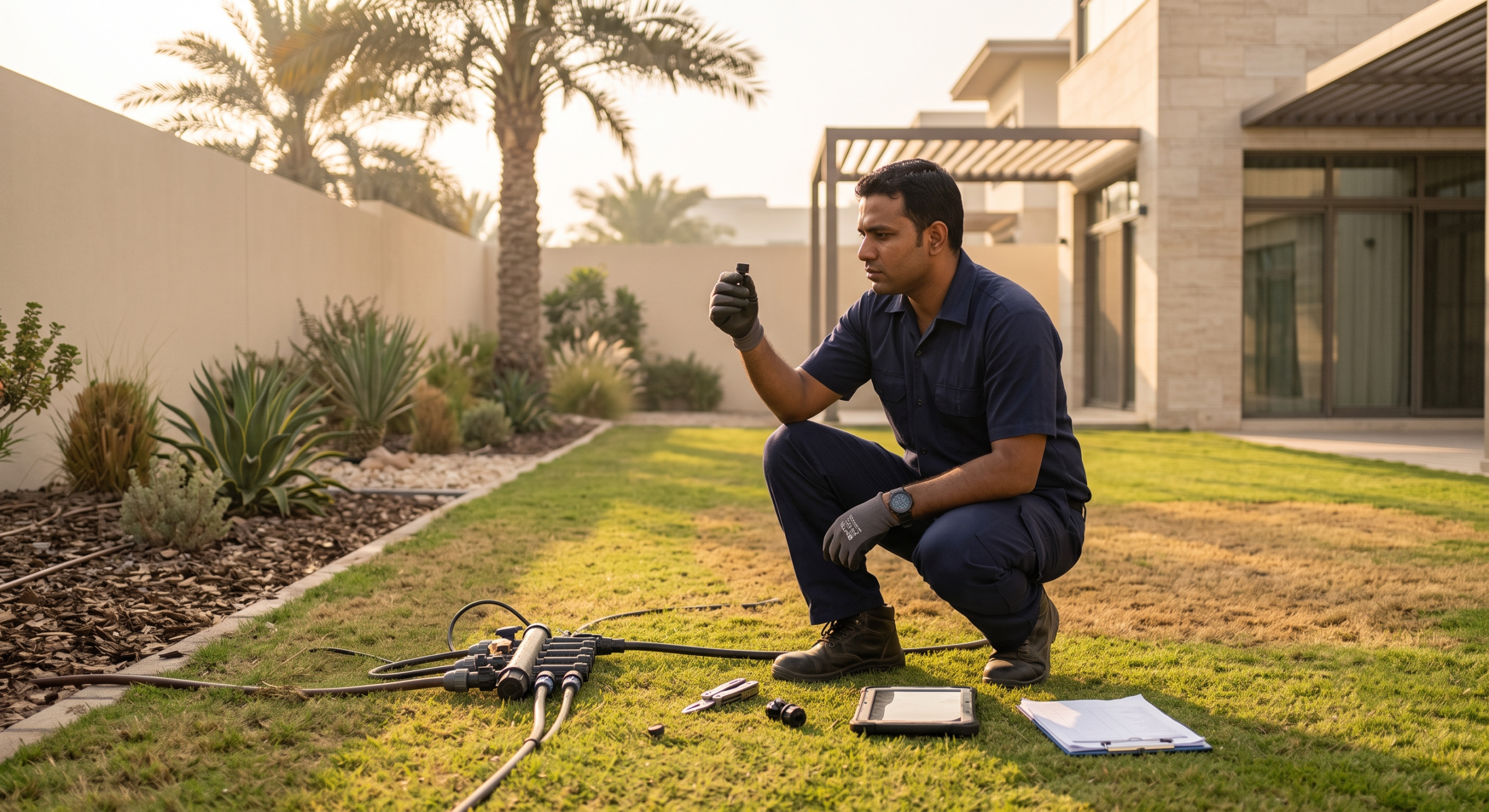Flat-lay of a villa maintenance schedule checklist with AC and plumbing tools, representing a planned Dubai villa service calendar.