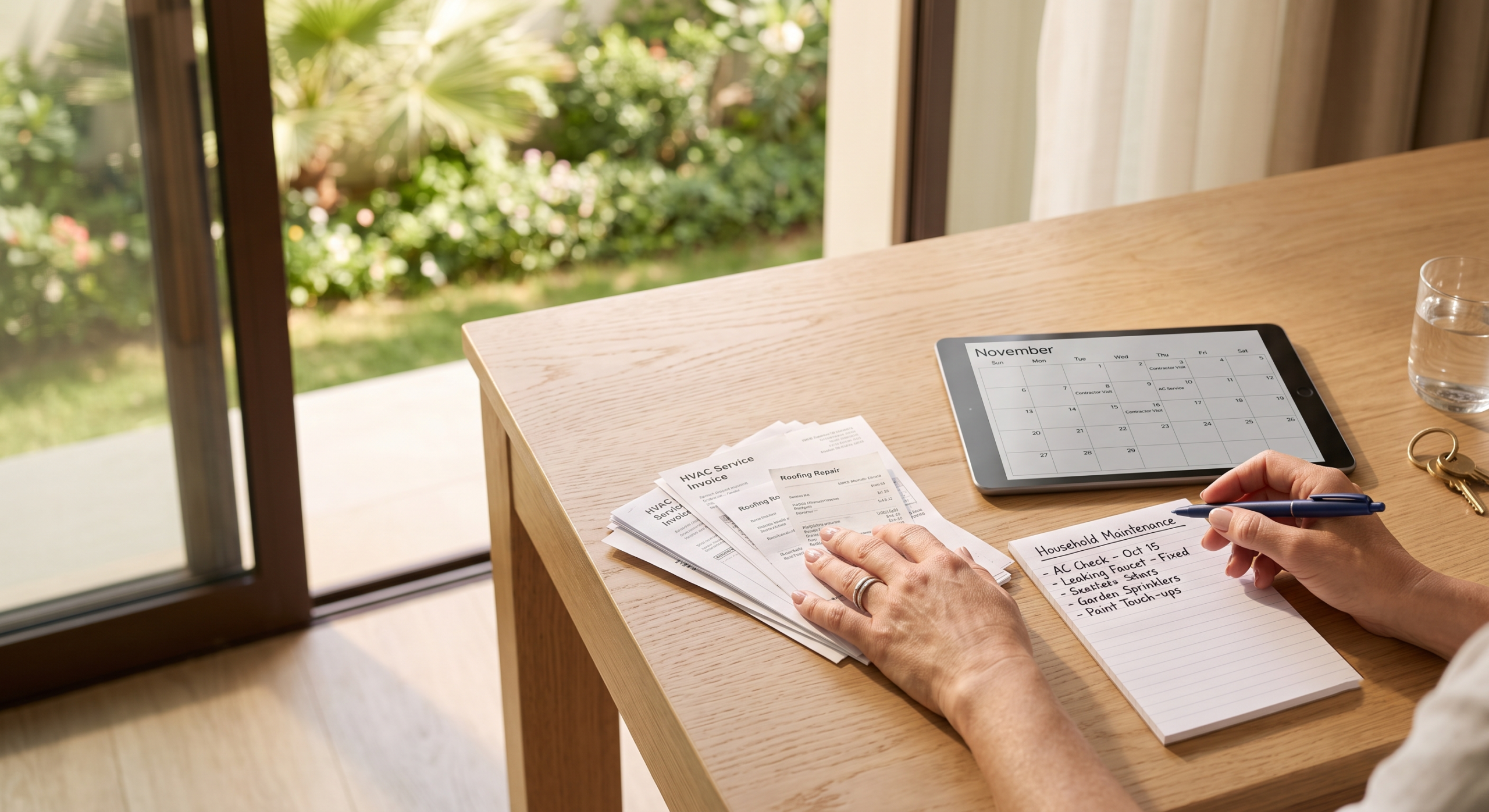 Dubai villa owner comparing a year of repair invoices against an annual maintenance contract quote at a sunlit dining table.
