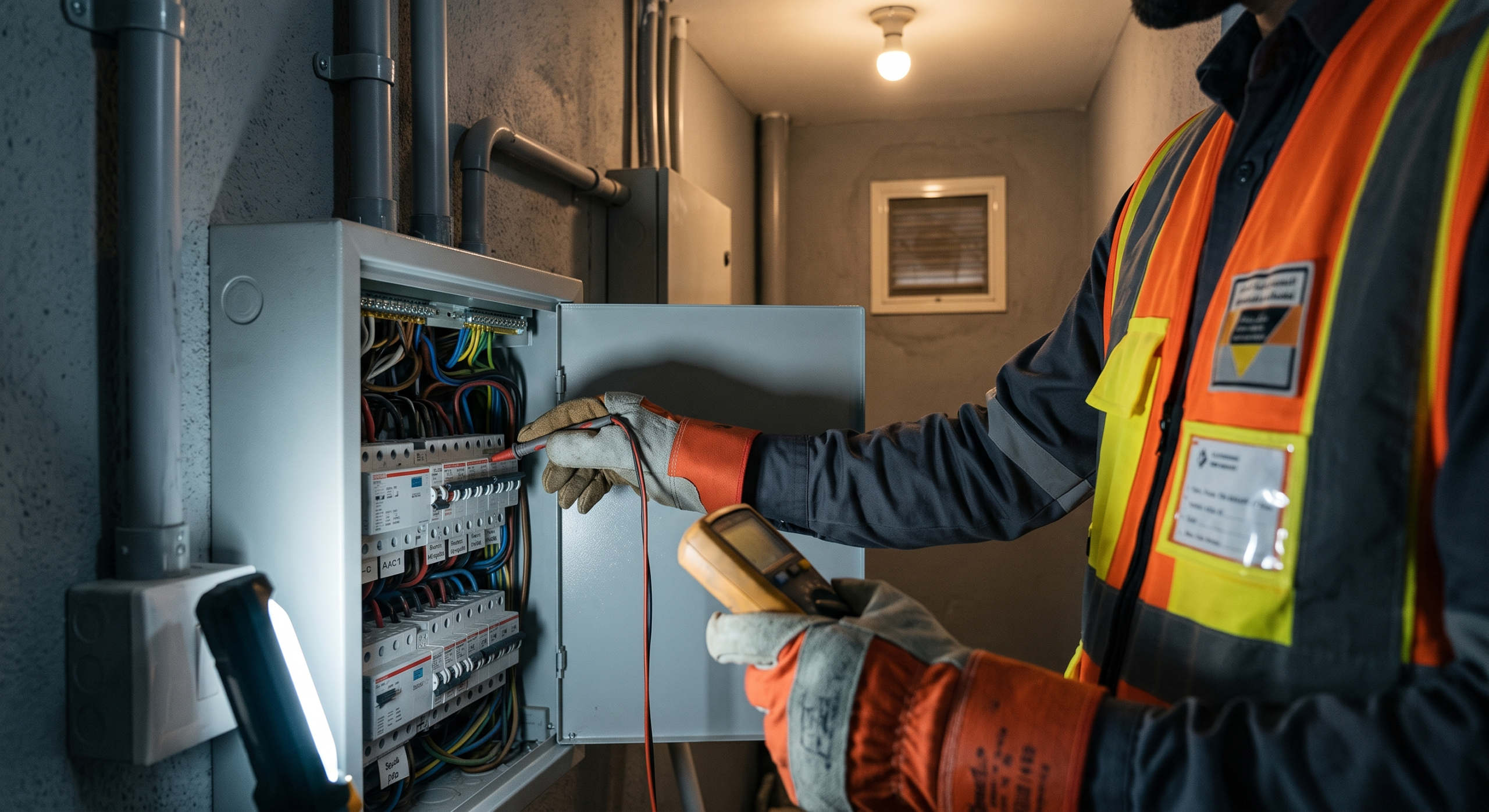 Licensed electrician inspecting a villa distribution board in Dubai, the kind of electrical repair work that must not be done as DIY.